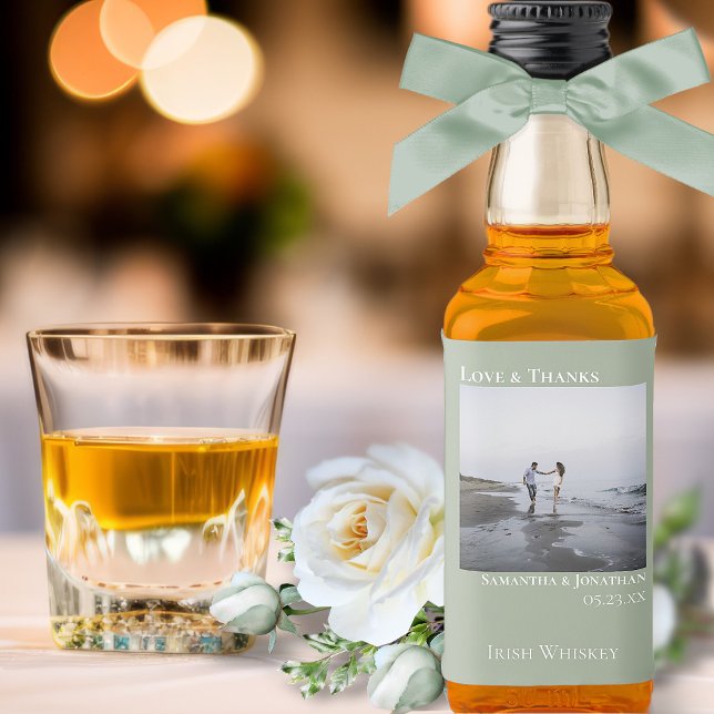 Love & Thanks Simple Sage Green Wedding Photo Mini Liquor Bottle Label (In Situ with Flowers & Glass)