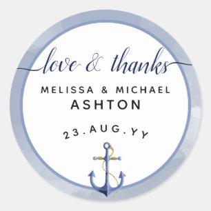 Love & Thanks Watercolor Nautical  Wedding Favour Classic Round Sticker