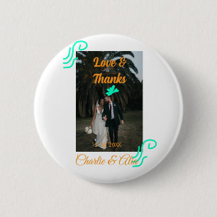 Love & thanks wedding couple photo modern add oran 6 cm round badge