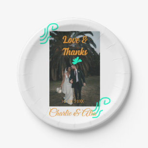 Love & thanks wedding couple photo modern add oran paper plate