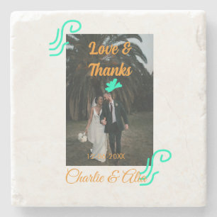 Love & thanks wedding couple photo modern add oran stone coaster