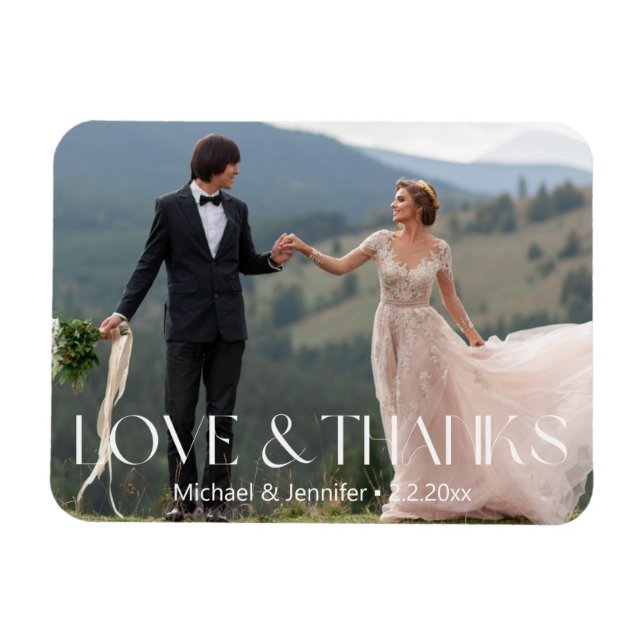 love & thanks wedding photo chic white typography magnet (Horizontal)