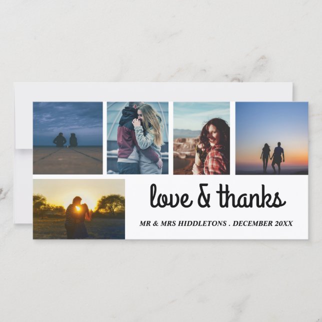 Love & Thanks Wedding Script Five Photo Collage Thank You Card (Front)