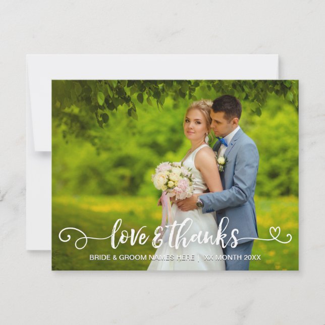 Love & Thanks Wedding Typography Pink Roses Photo Thank You Card (Front)