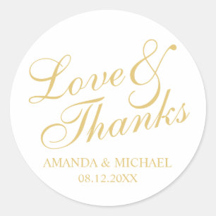'Love & Thanks' White & Gold Elegant Wedding Favou Classic Round Sticker