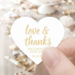 Love & Thanks White & Gold Simple Elegant Script Heart Sticker<br><div class="desc">Add a personalised touch to party favours and thank you notes with custom "love and thanks" heart-shaped stickers / envelope seals. All wording on this template is simple to customise for any occasion, such as wedding, bridal shower, graduation, birthday party, anniversary or retirement. The white and gold design features modern...</div>