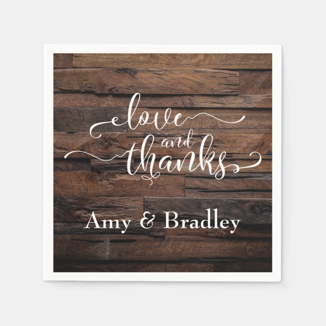 Love & Thanks White Script on Dark Textured Wood Napkin (Front)