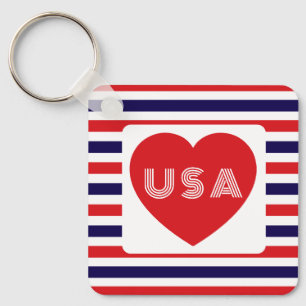 Love the USA Patriotic Red White Blue Fun Heart Key Ring