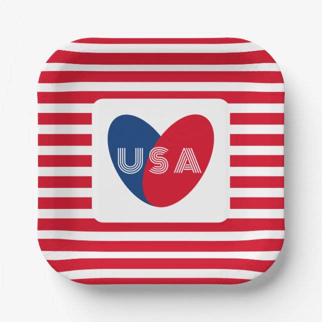 Love the USA Patriotic Red White Blue Fun Heart Paper Plate (Front)