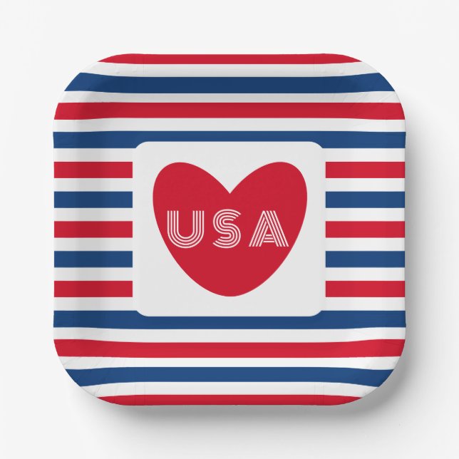Love the USA Patriotic Red White Blue Fun Heart Paper Plate (Front)