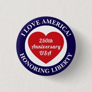 Love the USA Patriotic Red White Blue Heart 250th 3 Cm Round Badge