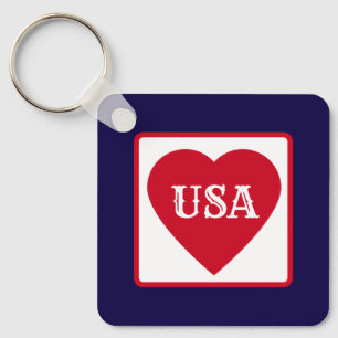 Love the USA Patriotic Red White Blue Simple Heart Key Ring