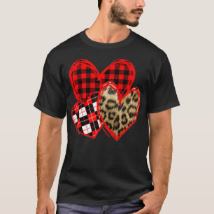 Love Three Hearts Leopard Buffalo Plaid Valentine' T-Shirt