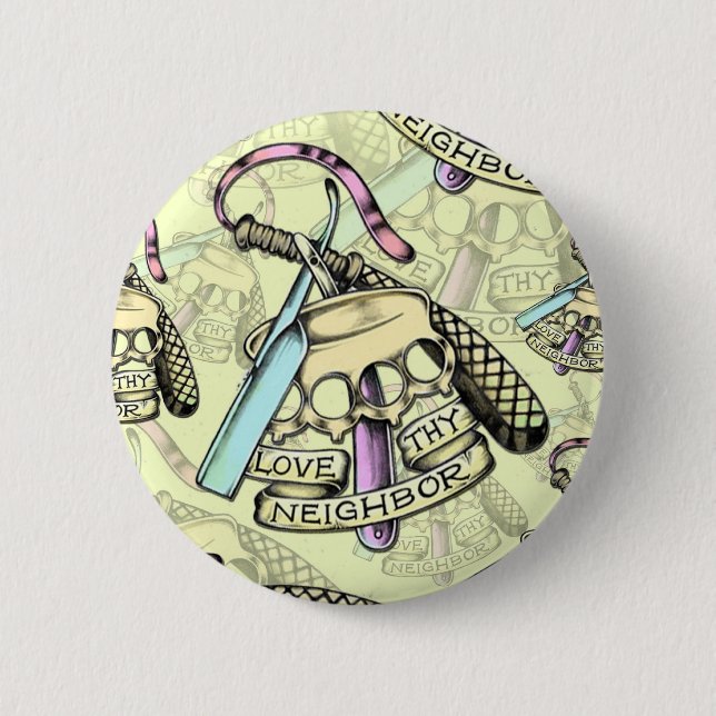 Love thy neighbour hand drawn artwork pattern. 6 cm round badge (Front)