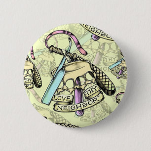 Love thy neighbour hand drawn artwork pattern. 6 cm round badge