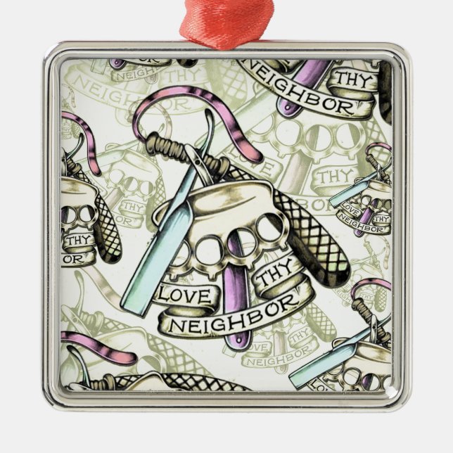 Love thy neighbour hand drawn artwork pattern. metal tree decoration (Front)