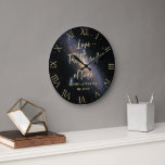 Love Time Nebula Gold Wedding Anniversary Keepsake Large Clock<br><div class="desc">A modern, simple, classy, elegant, personalised wedding or relationship anniversary keepsake clock featuring modern typography and a brush of gold (not real foil) on the clock face and the lettering, over a textured black background with a few discreet sparkles. The title, in modern script calligraphy, says "Love 'till the end...</div>