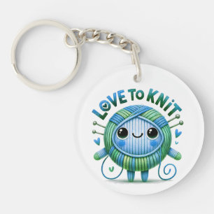 Love to Knit Quote Cute Blue Green Ball of Yarn Key Ring
