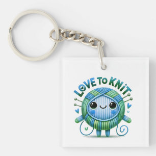Love to Knit Quote Cute Blue Green Ball of Yarn Key Ring