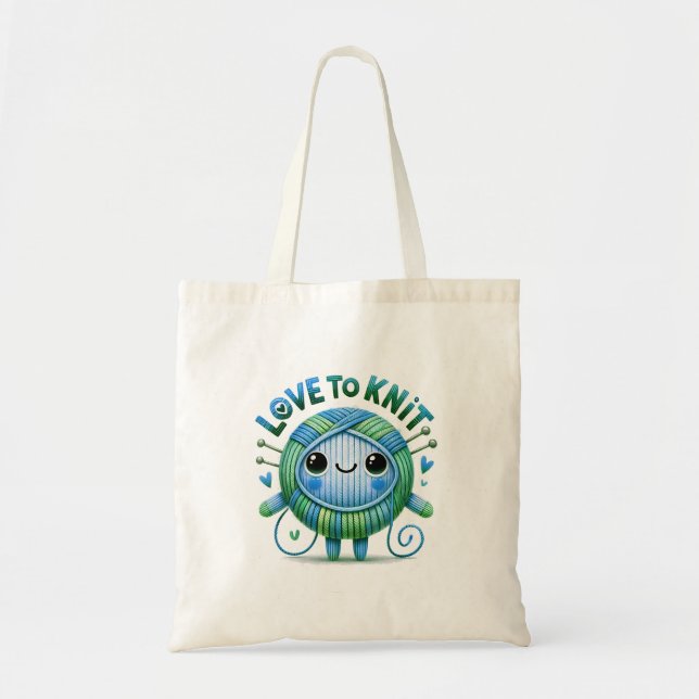 Love to Knit Quote Cute Blue Green Ball of Yarn Tote Bag (Front)