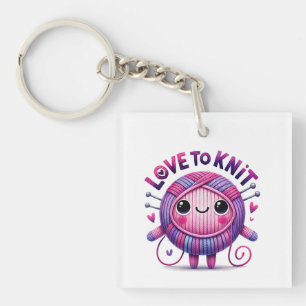 Love to Knit Quote Cute Pink Purple Ball of Yarn Key Ring