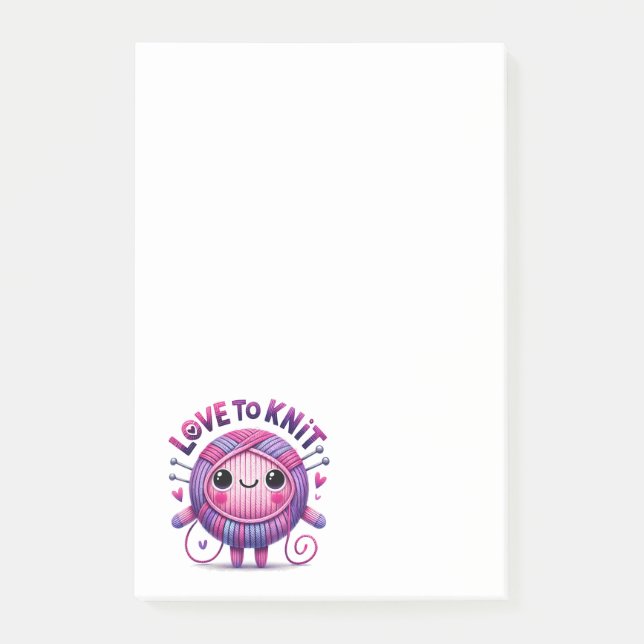 Love to Knit Quote Cute Pink Purple Ball Yarn 4x6 Post-it Notes (Front)