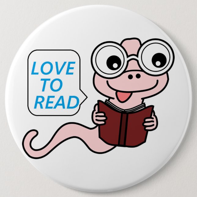 "LOVE TO READ" BOOKWORM 6 CM ROUND BADGE (Front)