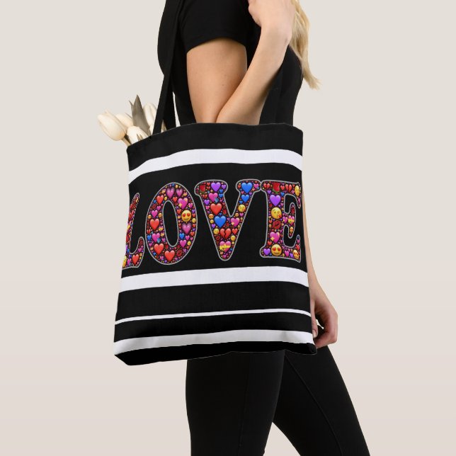 Love tote bag with black and white strips.  (Close Up)