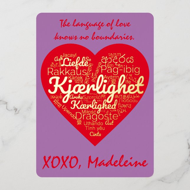 LOVE translated into 50 Languages Valentine's Day  Foil Holiday Card (Front)