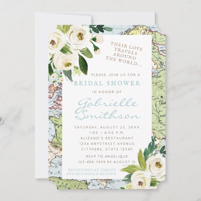 Love Travels Floral Map Bridal Shower Invitation (Front)