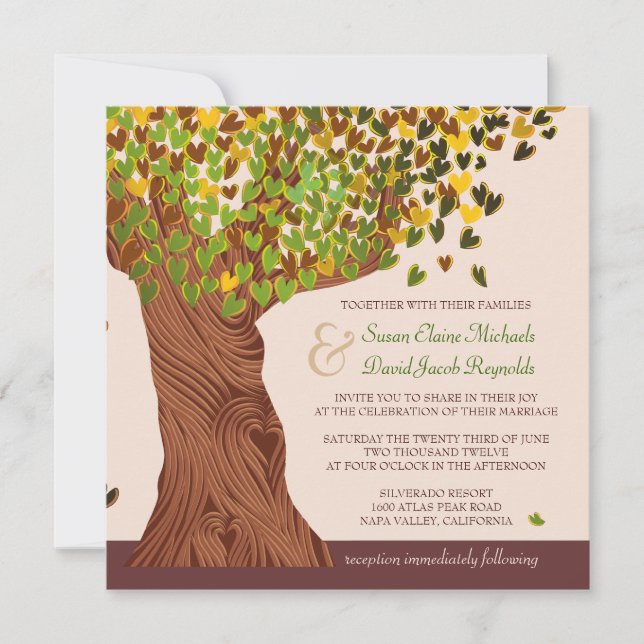 Love Tree Falling Heart Leaves Wedding Invite (Front)