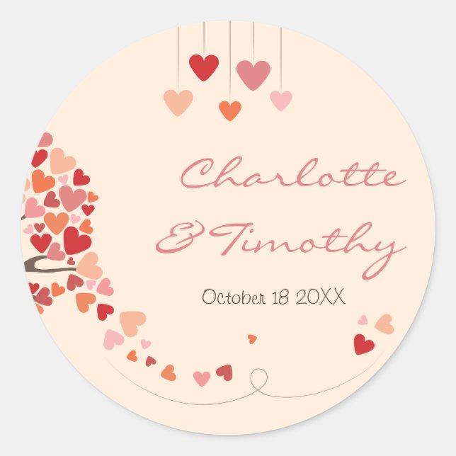 Love Tree Hearts Wedding Classic Round Sticker (Front)