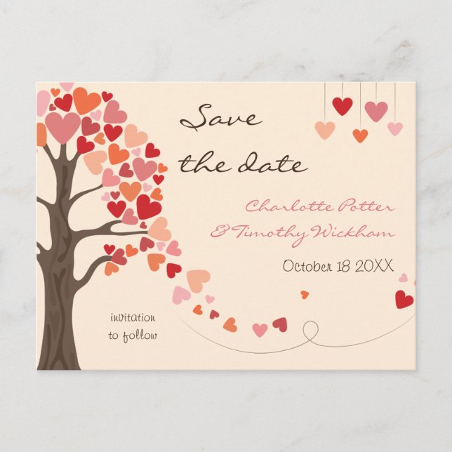 Love Tree Hearts Wedding Save the Date Announcement Postcard (Front)