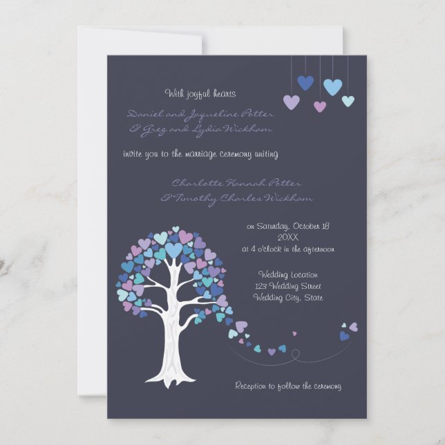 Love Tree Hearts Winter Wedding Invitation Blue (Front)