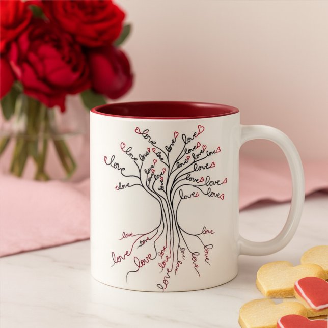 Love Tree of Life Art White Dark Red Hearts Cute Two-Tone Coffee Mug (Creator Uploaded)