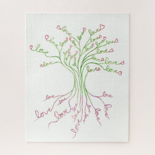 Love Tree of Life Art White Green Pink Hearts Cute Jigsaw Puzzle