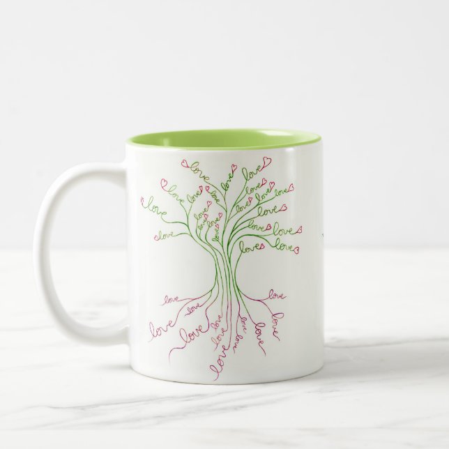Love Tree of Life Art White Green Pink Hearts Cute Two-Tone Coffee Mug (Left)