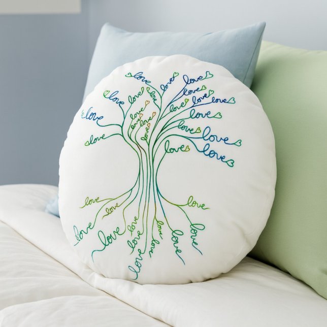 Love Tree of Life Art White Teal Blue Hearts Cute Round Cushion (Creator Uploaded)