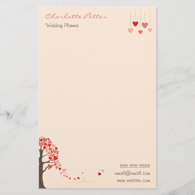 Love Tree with Heart Shaped Leaves Stationery (Front)
