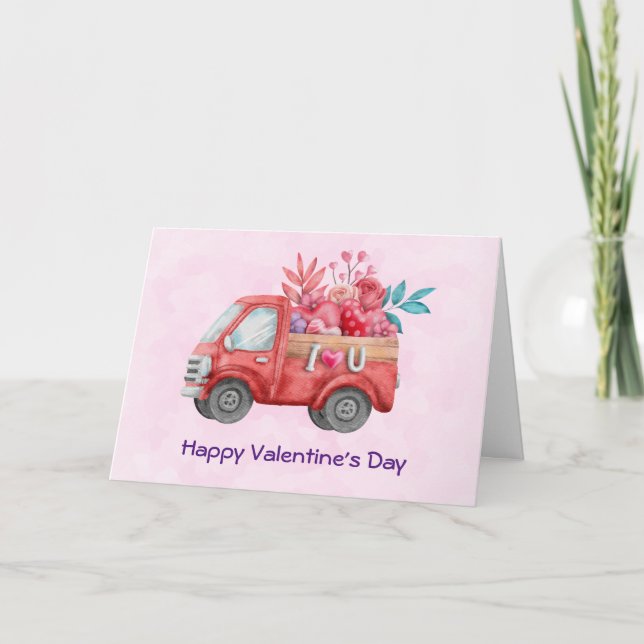 Love Truck Carrying Hearts & Flowers Valentine's Card (Front)