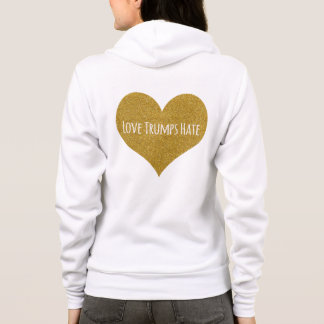 Love Trumps Hate Gold Glitter Heart Zip Up Hoodie