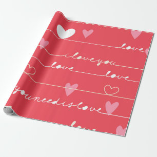 Love typography and hearts pattern wrapping paper