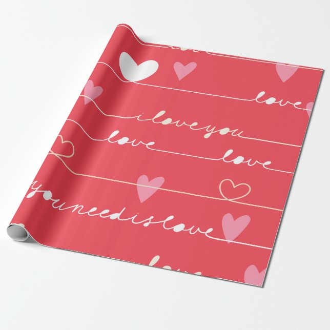 Love typography and hearts pattern wrapping paper (Unrolled)