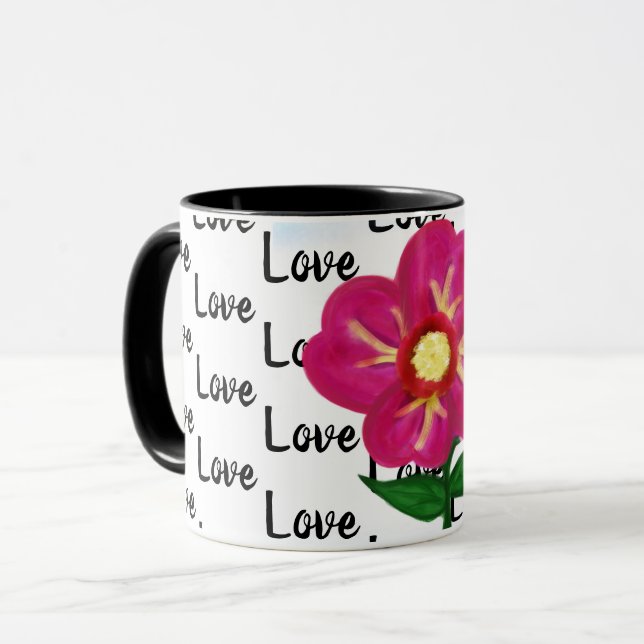 Love Typography Bright Vivid Pink Flower Mug (Front Left)