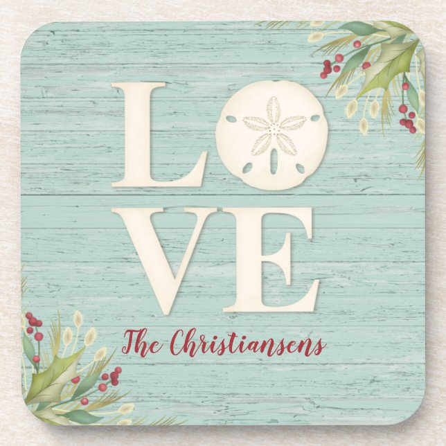 LOVE Typography Coastal Sand Dollar Rustic Beach Coaster (Front)