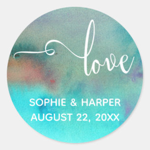 Love Typography, Colourful Abstract Watercolor Was Classic Round Sticker