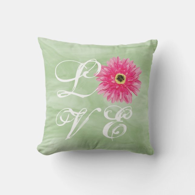 LOVE Typography Pink Gerbera Daisy Flower on Green Cushion (Front)