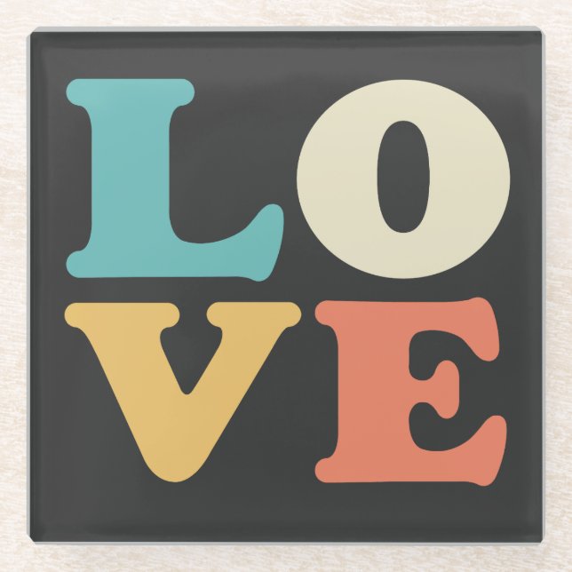 Love Typography Retro Colour Square Glass Coaster (Front)