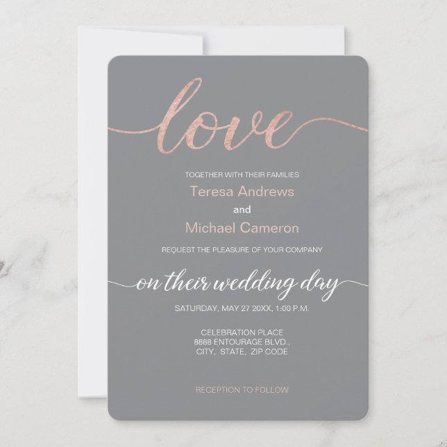 Love typography Rose Gold Script on Grey Wedding Invitation (Front)