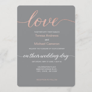Love typography Rose Gold Script on Grey Wedding Invitation